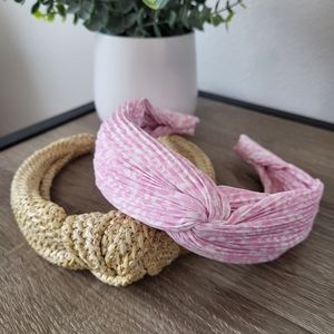 J. Crew Set of 2 Knot Headbands - Light Pink Floral & Woven Straw